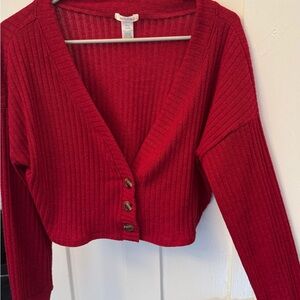 Red Ribbed Button-Up Cardigan